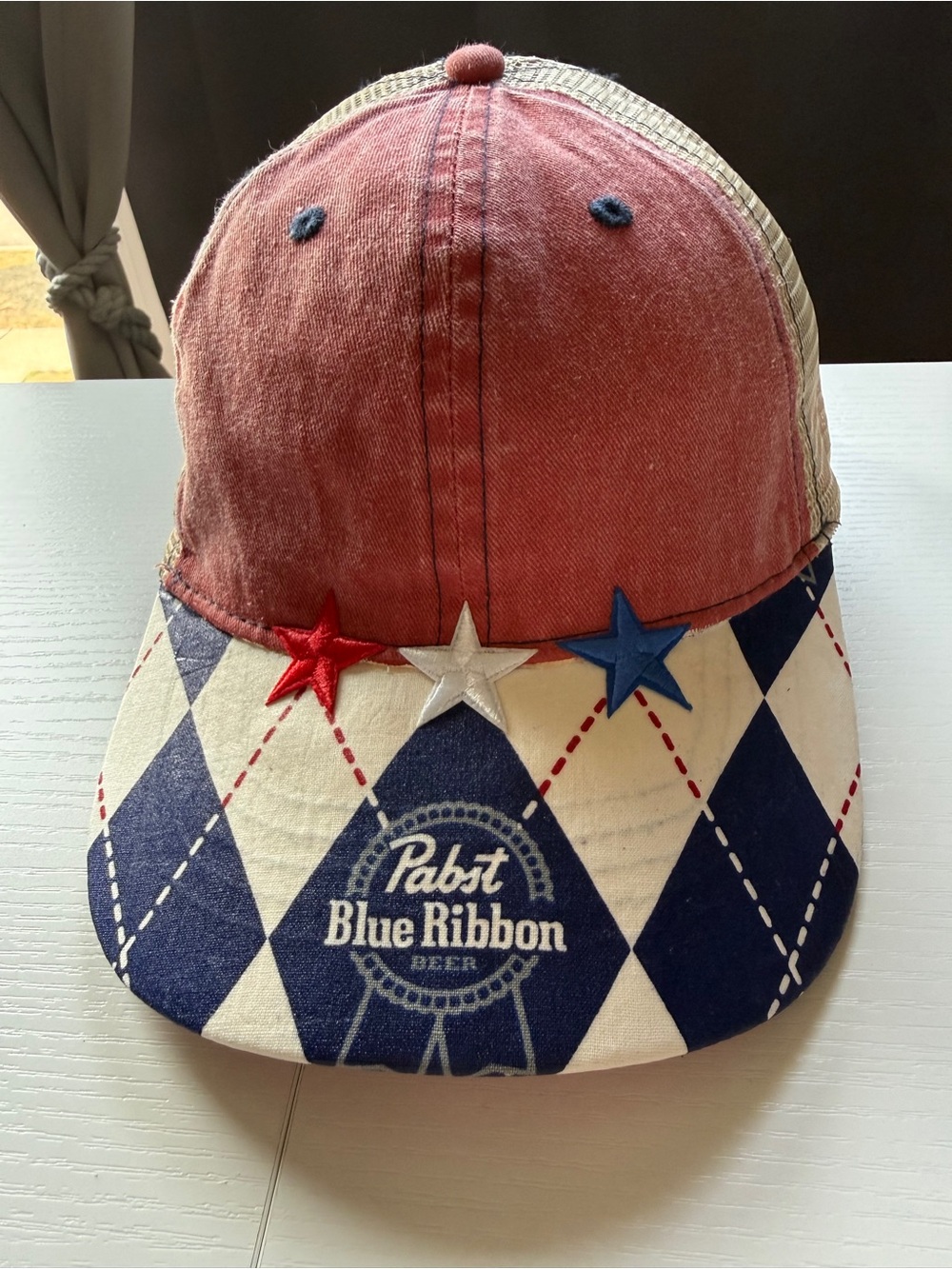 Distressed Look PBR Decorated Red White Blue Trucker Patch Cap Hat OS Snap Back